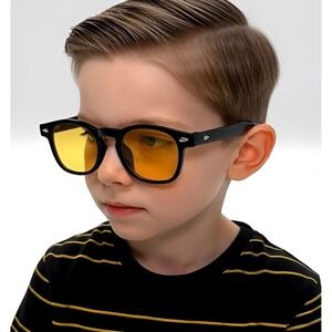 Kids Sunglasses Black Frame Yellow Tinted Lenses UV400 Protection Round Shape